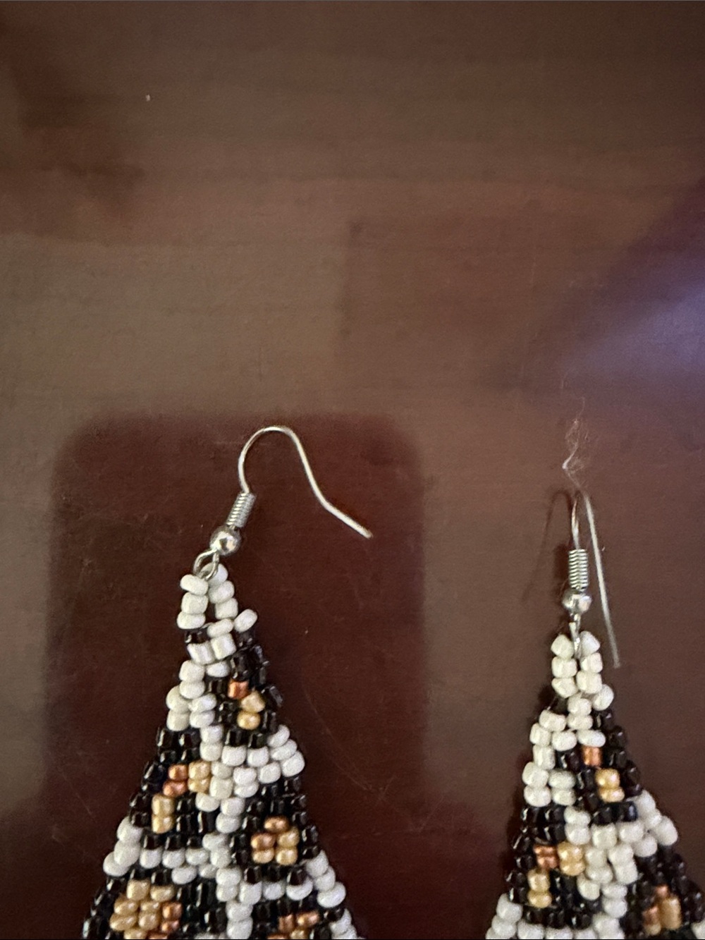 Handcrafted Black, White & Gold Beaded Fringe Earrings cheetah print - Picture 2 of 2